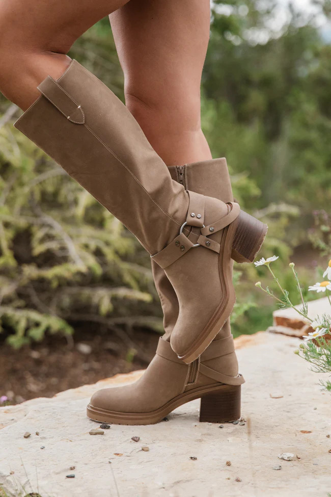 Vienna Dark Taupe Moto Knee High Boots | Pink Lily