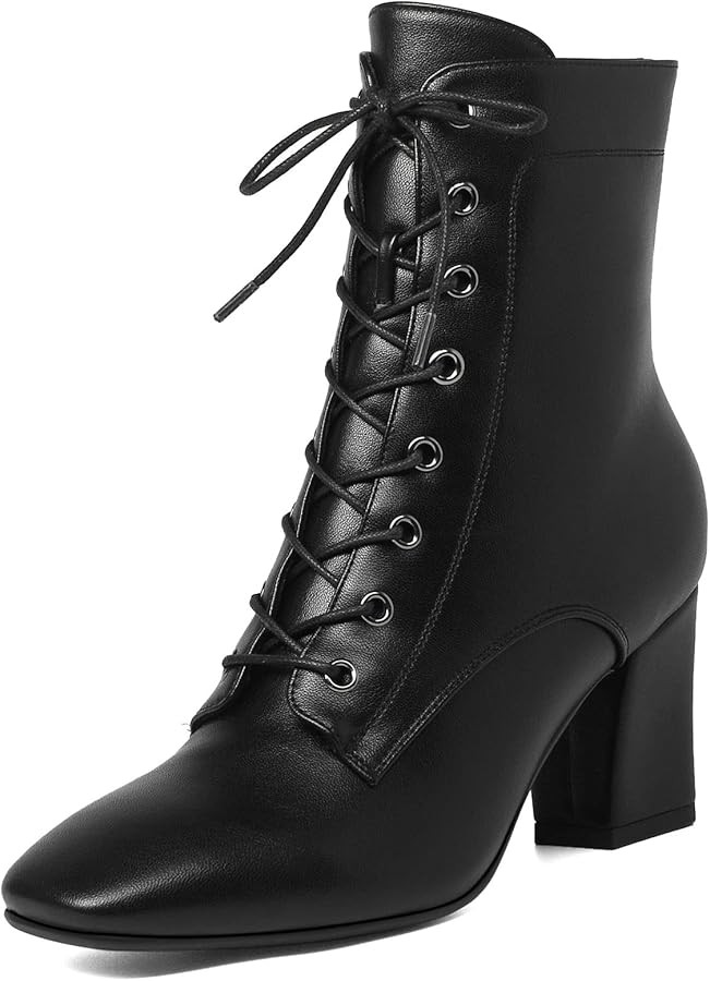 SEIFIN Women's Square Toe Chunky Heels Ankle Boots Block High Heeled Lace Up Short Booties Shoes | Amazon (US)