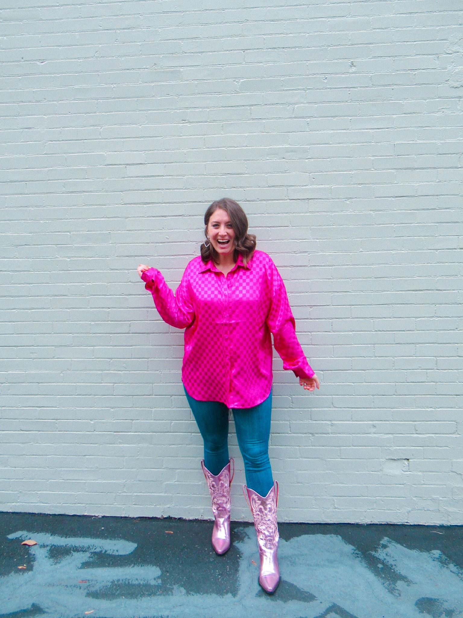 Pink cowboy boots 
Altar’d state 
Pink blouse 