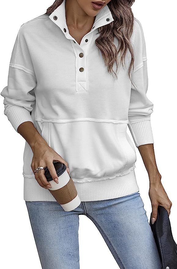 Amazon.com: KIRUNDO Women’s Lapel Long Sleeve Pullover Casual Button Down Sweatshirts Loose Fit... | Amazon (US)