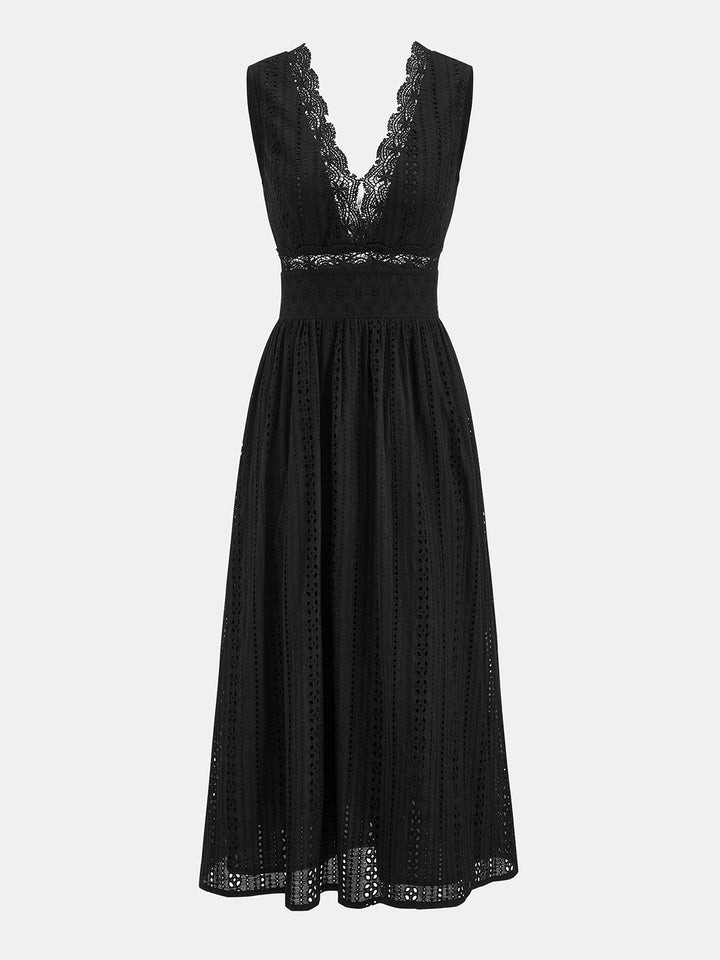 Lace Trim V-Neck Eyelet Maxi Dress | Commense