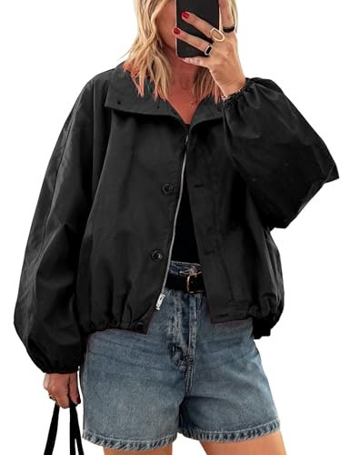 Megfie Womens Oversized Bomber Puff Jacket Windproof Waterproof Lightweight Raincoats Shacket Spring Fall Outerwear(0987-Black-S) | Amazon (US)