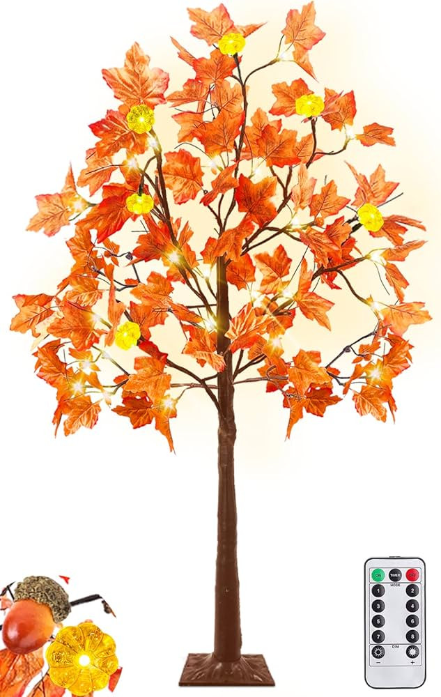 TURNMEON 4 Ft Prelit Lighted Fall Maples Tree with 3D Pumpkin Lights 48LED Warm Lights Timer 8 Mo... | Amazon (US)