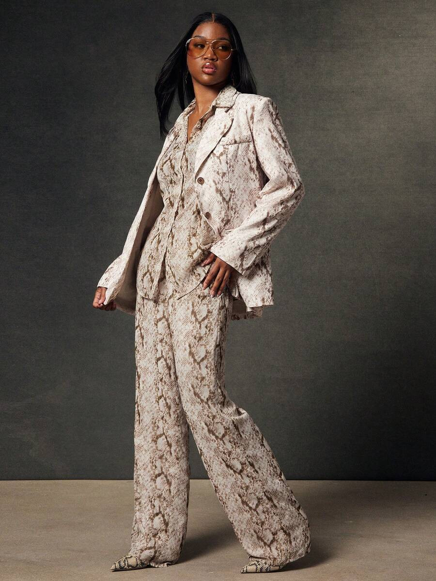 NYA SZN Matching Set (Top & Bottom) Top Long Sleeve Button Up Collar Flowy Pants Straight Leg Hig... | SHEIN