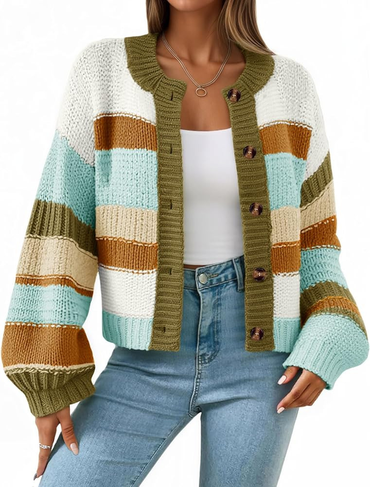 Saodimallsu Womens Striped Chunky Cardigan Sweaters Button Up Fall Trendy Color Block Long Sleeve... | Amazon (US)