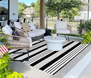 HOXCIK Black and White Outdoor Patio Rug 4' x 6' Hand-Woven Cotton Reversible Striped Washable Ru... | Amazon (US)