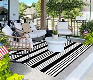 HOXCIK Black and White Outdoor Patio Rug 4' x 6' Hand-Woven Cotton Reversible Striped Washable Ru... | Amazon (US)