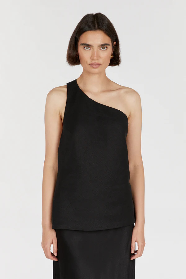 ADDISON BLACK LINEN ASYMMETRIC TOP | DISSH