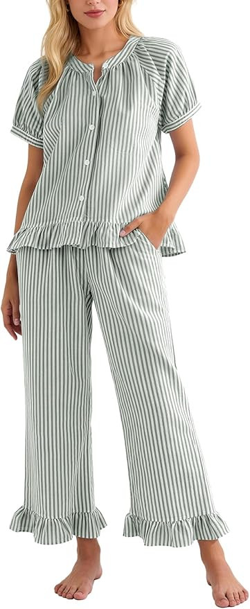 Flygo Womens Striped Pajama Sets 2 Piece Cotton Pjs Lounge Set Ruffle Button Down Tops Long Pants... | Amazon (US)