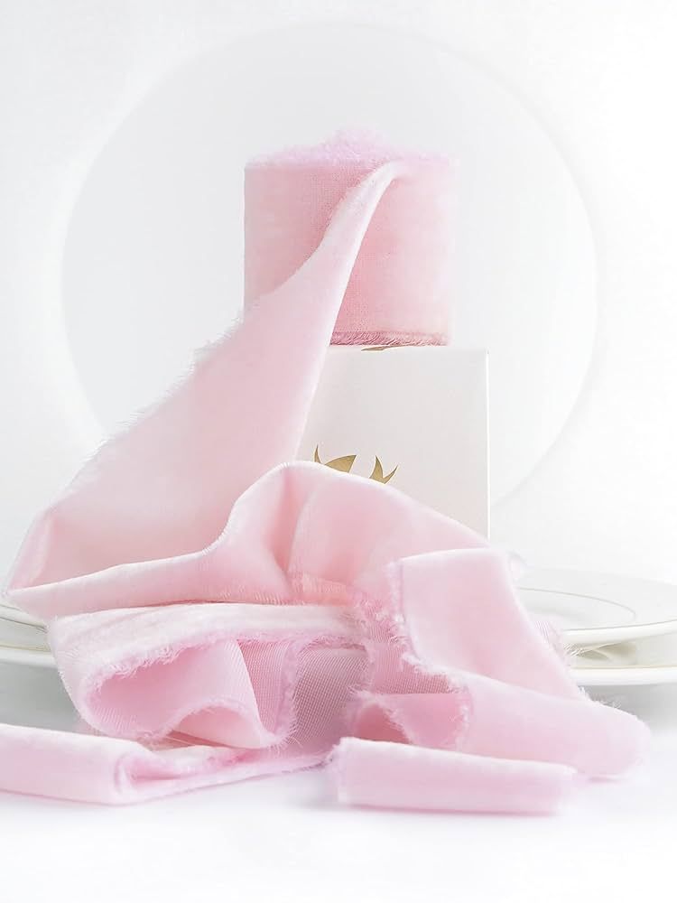 HUIHUANG Silk Velvet Ribbon Pink Hand Dyed Velvet Ribbon 2 inch x 3 Yards Roll Handmade Frayed Ve... | Amazon (US)
