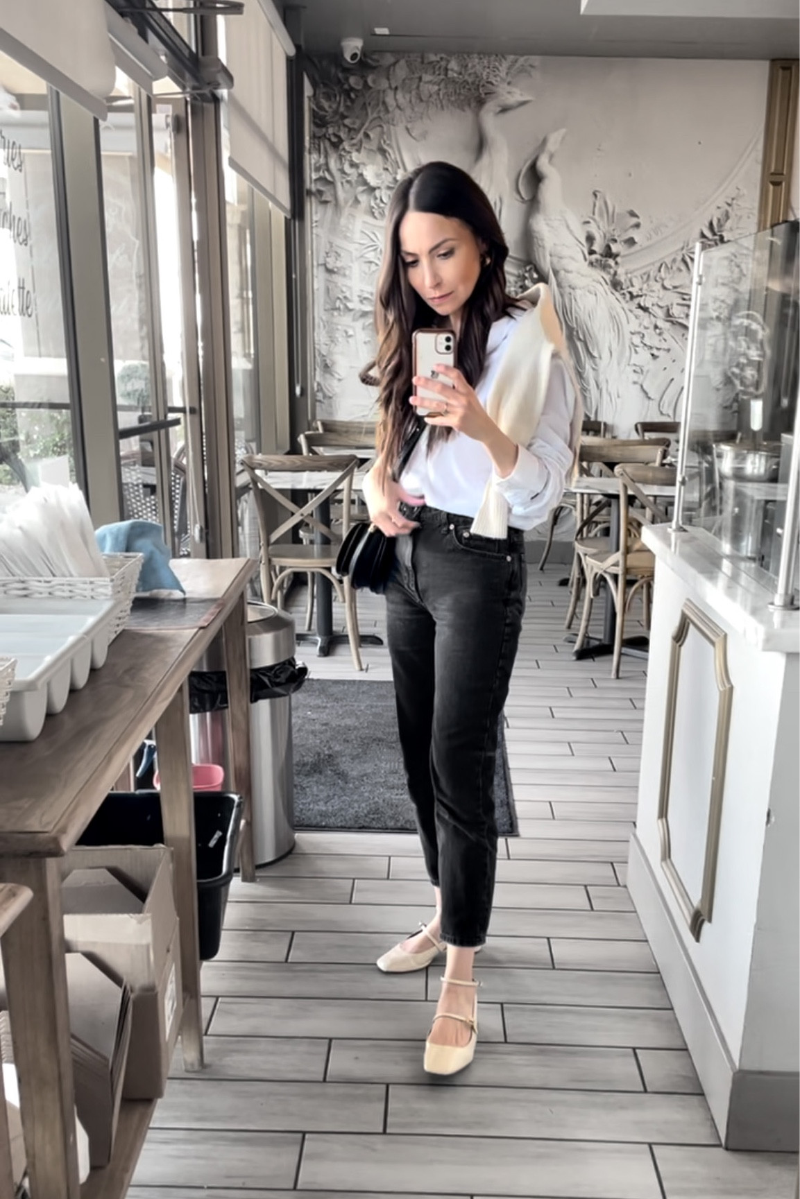 Friday is for lunch with friends and these super cute Mary Jane style shoes ☕️ #fridayoutfit 
.
.
.
Neutral style outfit, cute work outfit, black jeans outfit, mom jeans, Mary jane shoes, beige Mary Jane shoes, sling back shoes, ocre Mary Jane shoes, cream sling back shoes #outfits #blackjeans Parisian style outfit, French style outfit, 

#LTKstyletip #LTKshoecrush #LTKworkwear
