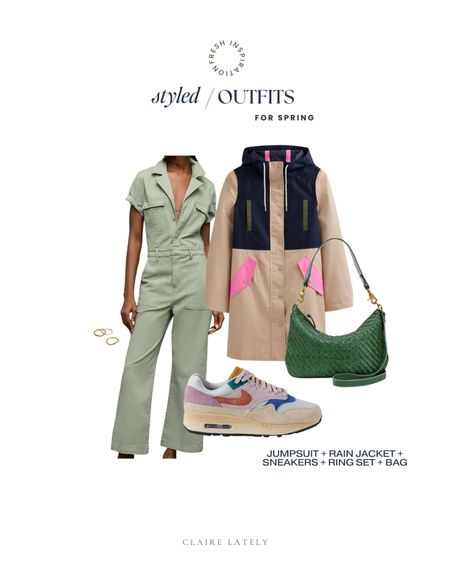 Styled outfit idea from the Spring Closet checklist - jumpsuit, rain jacket, sneakers, ring set, bag. 

Download the free guide over on CLAIRELATELY.com 👉🏼