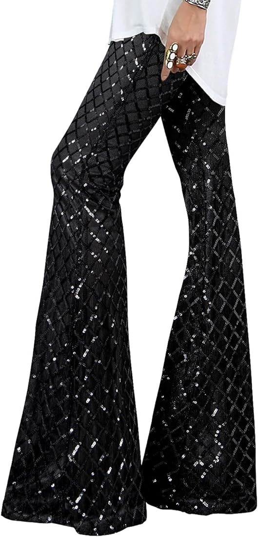 EVALESS Women Sequin Pants Sparkly Glitter High Waisted Wide Leg Flare Trousers Bell Bottom Night... | Amazon (US)