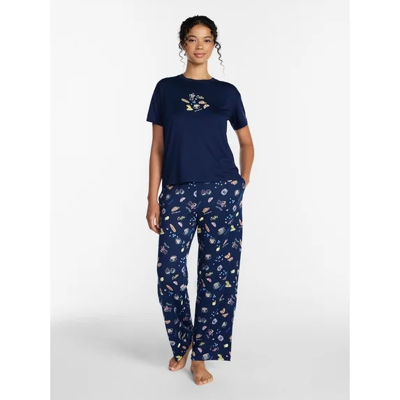 Joyspun Women's Dreamy Soft Collection Short Sleeve Sleep Top and Open Leg Pants Pajama Set, 2-Pi... | Walmart (US)