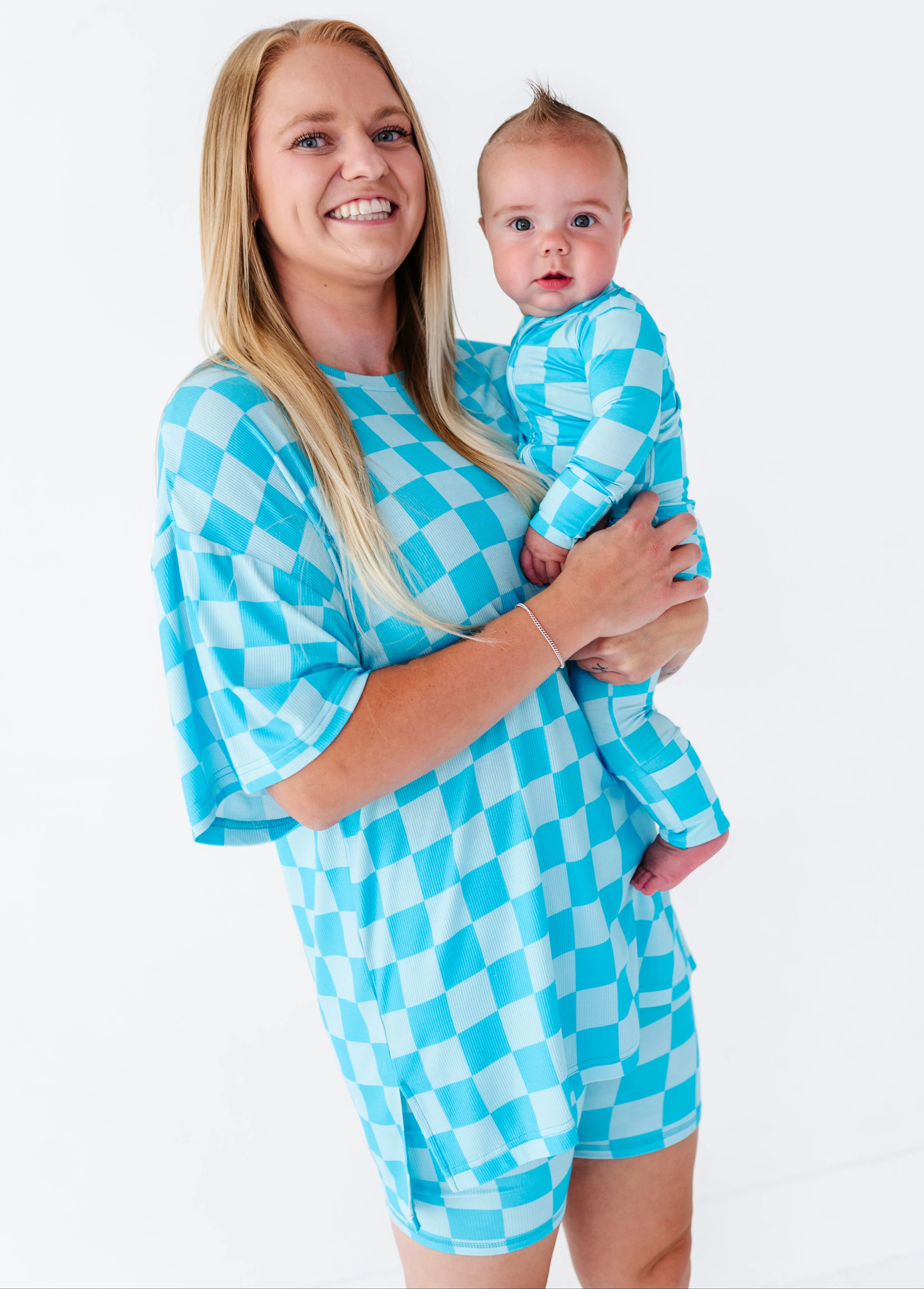 Birdie Bean Bamboo Blue Checker | Women's Oversized Tee and Biker Set | Birdie Bean