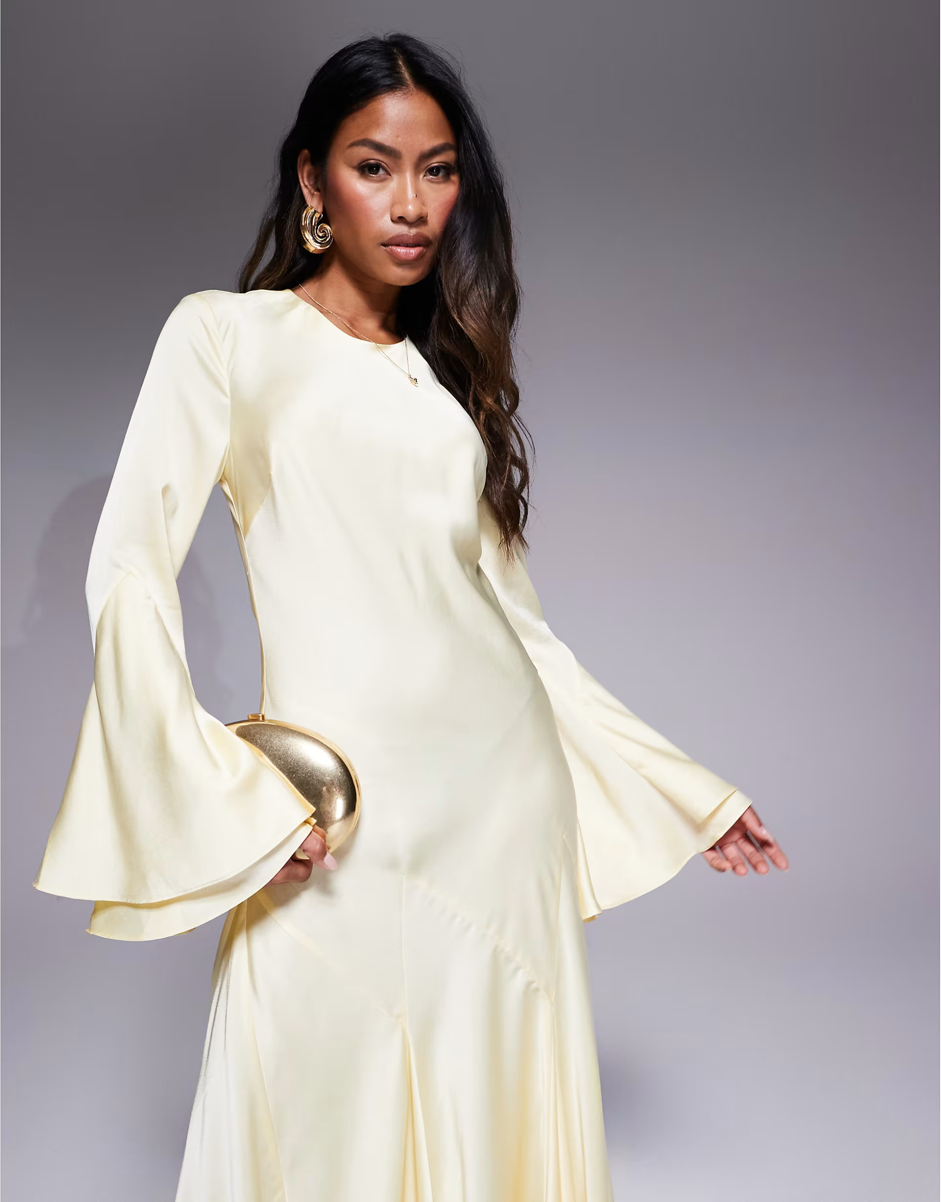 ASOS DESIGN long sleeve satin maxi dress with full skirt and godets in lemon yellow | ASOS (Global)