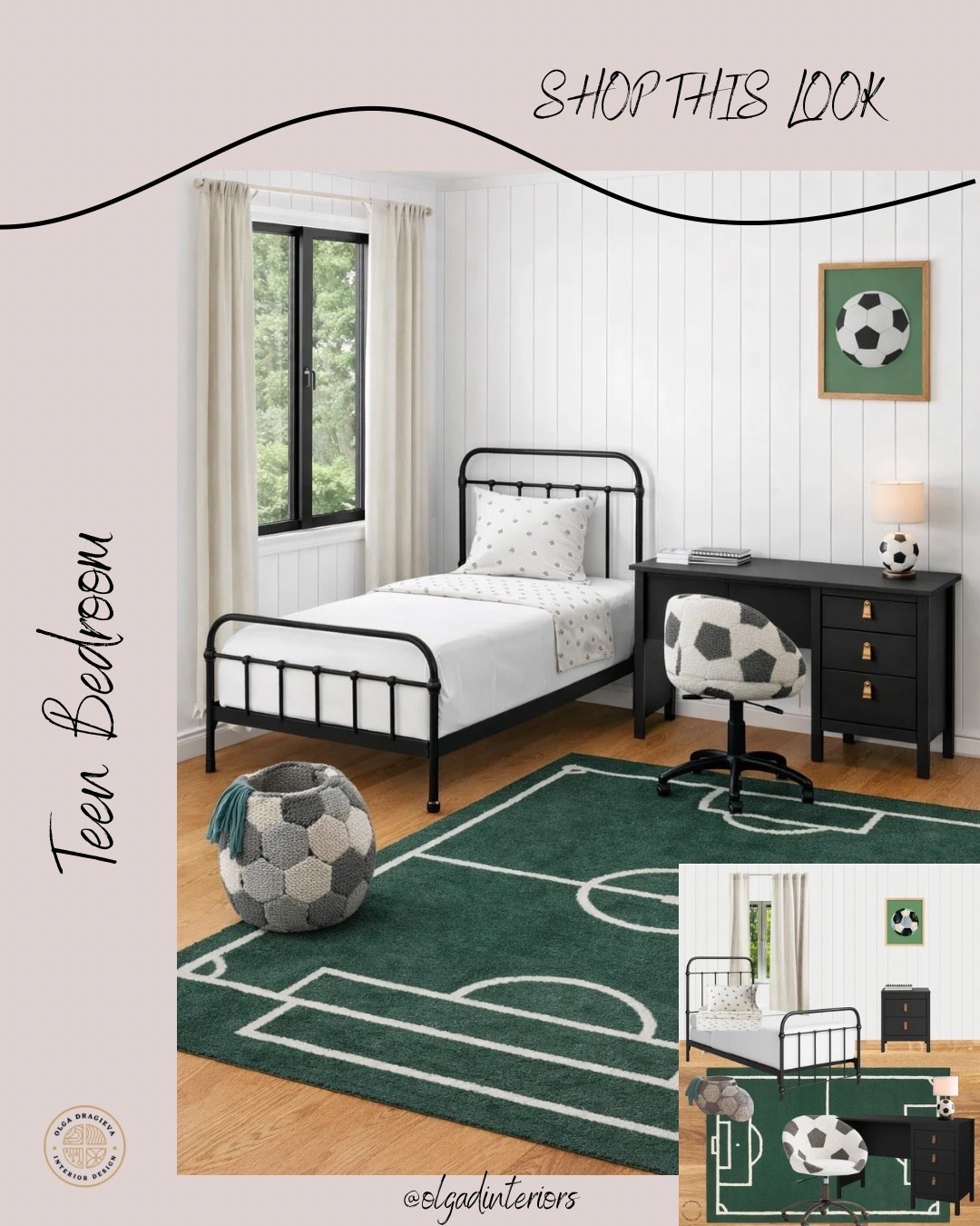 Soccer-inspired teen bedroom, affordable bed, desk and nightstand, green soccer rug from Pottery Barn, soccer art and desk chair, fun storage basket. #homedecor #teenbedroom

#LTKHome #LTKKids #LTKmomlife