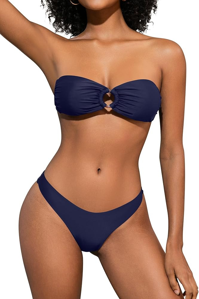 SHEKINI Sexy Women's Bandeau Bikini Set Halter O Ring Strapless Tie Back High Cut Two Piece Swims... | Amazon (US)