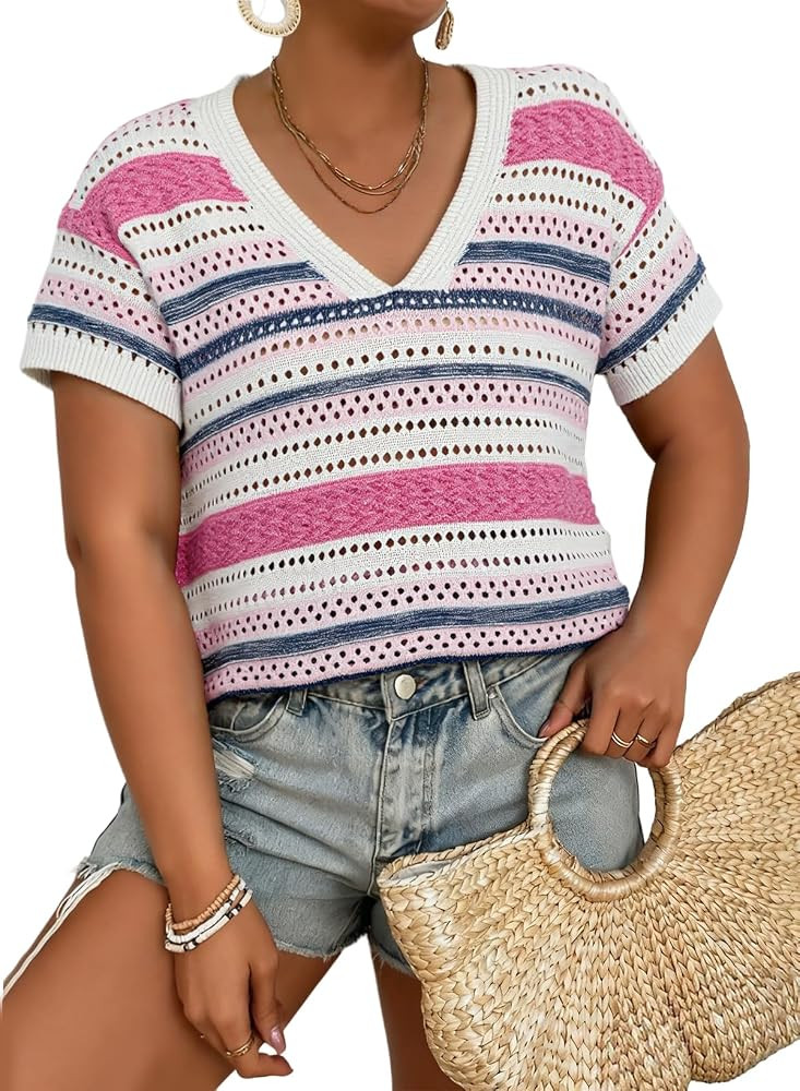 Eytino Plus Size Tops for Women Striped V Neck Short Sleeve Hollow Out Crochet Knit Sweater 2026 ... | Amazon (US)