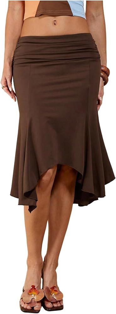 Floerns Women's Summer Midi Skirts Asymmetrical Ruffle Hem Ruched Date Night Skirts | Amazon (US)