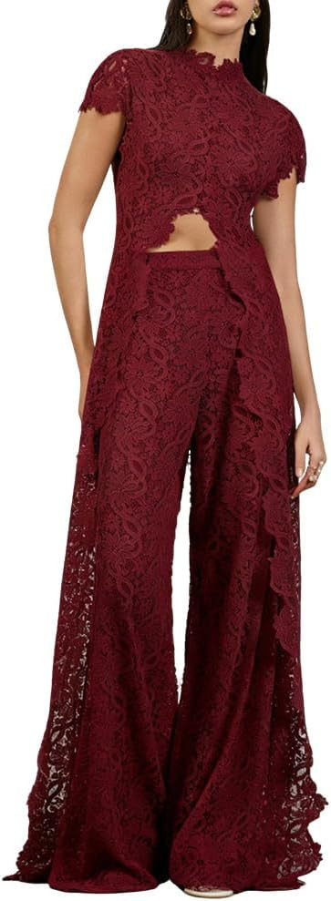2 Piece Sets for Women Dressy Asymmetrical Lace Top Button Down and Wide Leg Pants Date Outfits | Amazon (US)