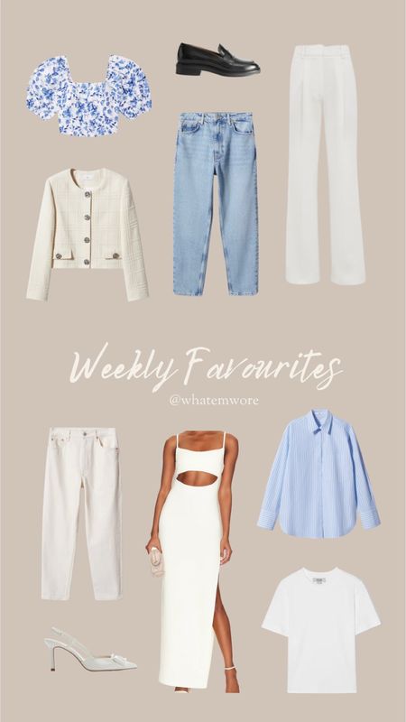 Weekly Favorites, spring style, spring fashion, outfit inspiration, white jeans, white T-shirt, white trousers, blue floral top, revolve white maxi dress, blue shirt, leather loafers, sling back white shoes 

#LTKstyletip #LTKeurope #LTKSeasonal