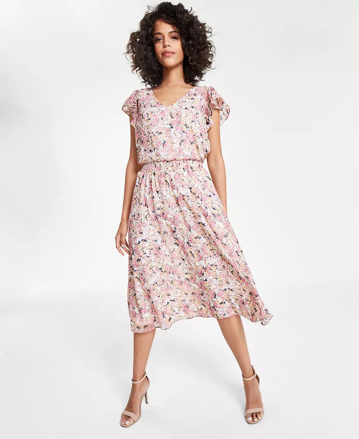 Women's V-Neck Flutter-Sleeve Smocked-Waist Dress | Macy's