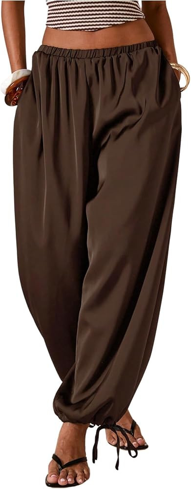 SOLY HUX Women's Satin Balloon Pants Elastic Waist Baggy Silk Harem Pants | Amazon (US)