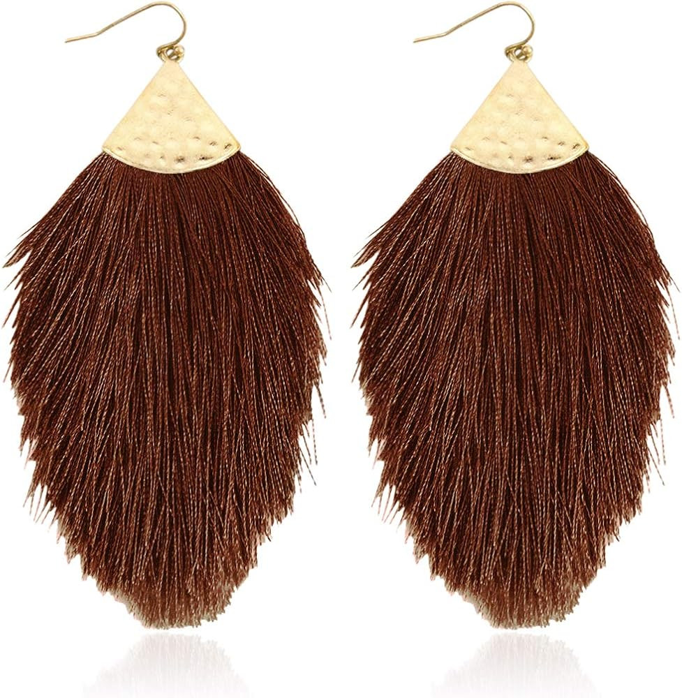 Bohemian Silky Thread Fan Fringe Tassel Statement Earrings - Lightweight Strand Feather Shape Dan... | Amazon (US)