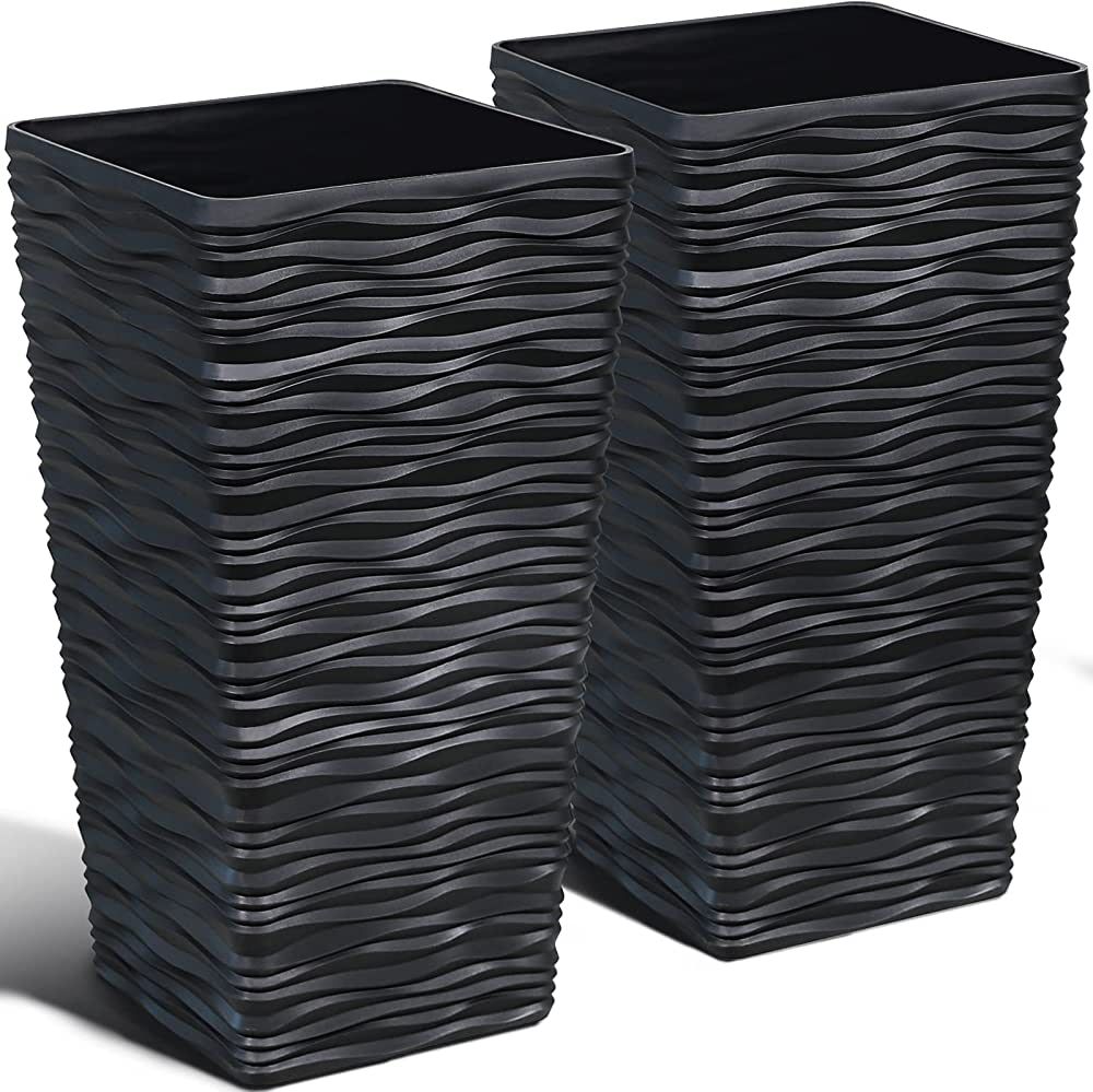 Worth Garden 2-Pack Black Tall Planter - Plastic Square Tapered Plant Pots for Indoor Outdoor - 2... | Amazon (US)