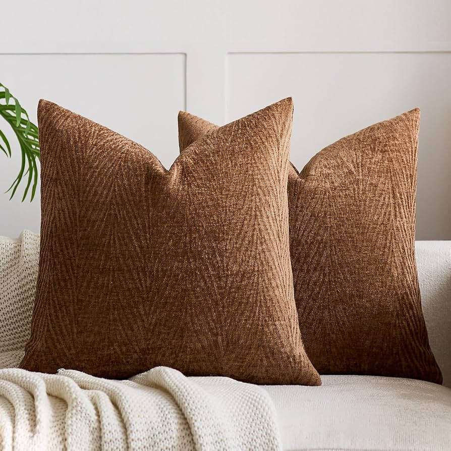 Throw Pillow Covers 24x24 Inch Set of 2, Textured Leaf, Dark Brown | Amazon (US)