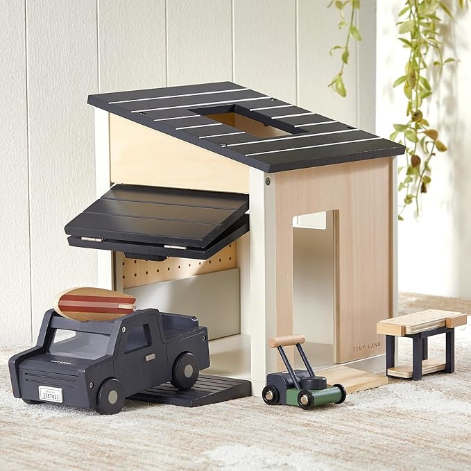 Tiny Land Wooden Dollhouse Garage Set – Realistic Design with Garage, Workbench,Lawn Mower & SU... | Amazon (US)