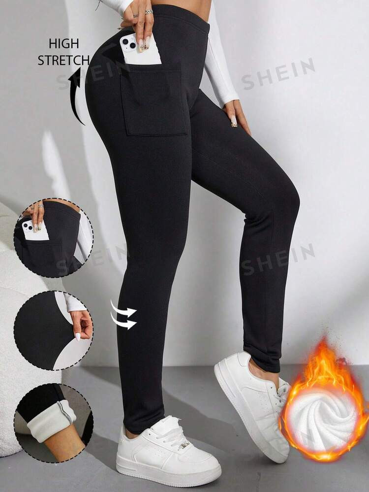 SHEIN MOOSTA Black Fleece Lined Thickened Fabric Side Pocket Skinny Long Leggings | SHEIN