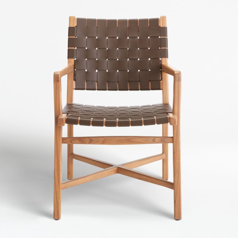 Taj Brown Woven Leather Dining Chair with Arms + Reviews | Crate & Barrel | Crate & Barrel