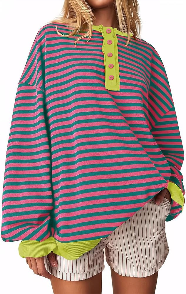 UEU Women Oversized Striped Sweatshirt Color Block Button Down Pullover Fashion Trendy Long Sleev... | Amazon (US)