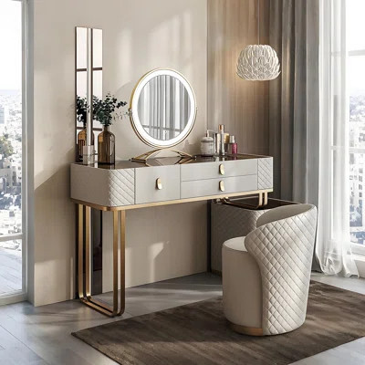 Italian Modern Minimalist Solid Wood Vanity Table with Luxe Glass & Stool & Mirror | Wayfair North America