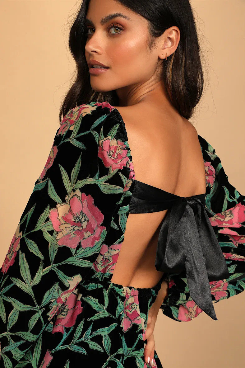 Blissful Garden Black Floral Print Burnout Velvet Babydoll Dress | Lulus (US)