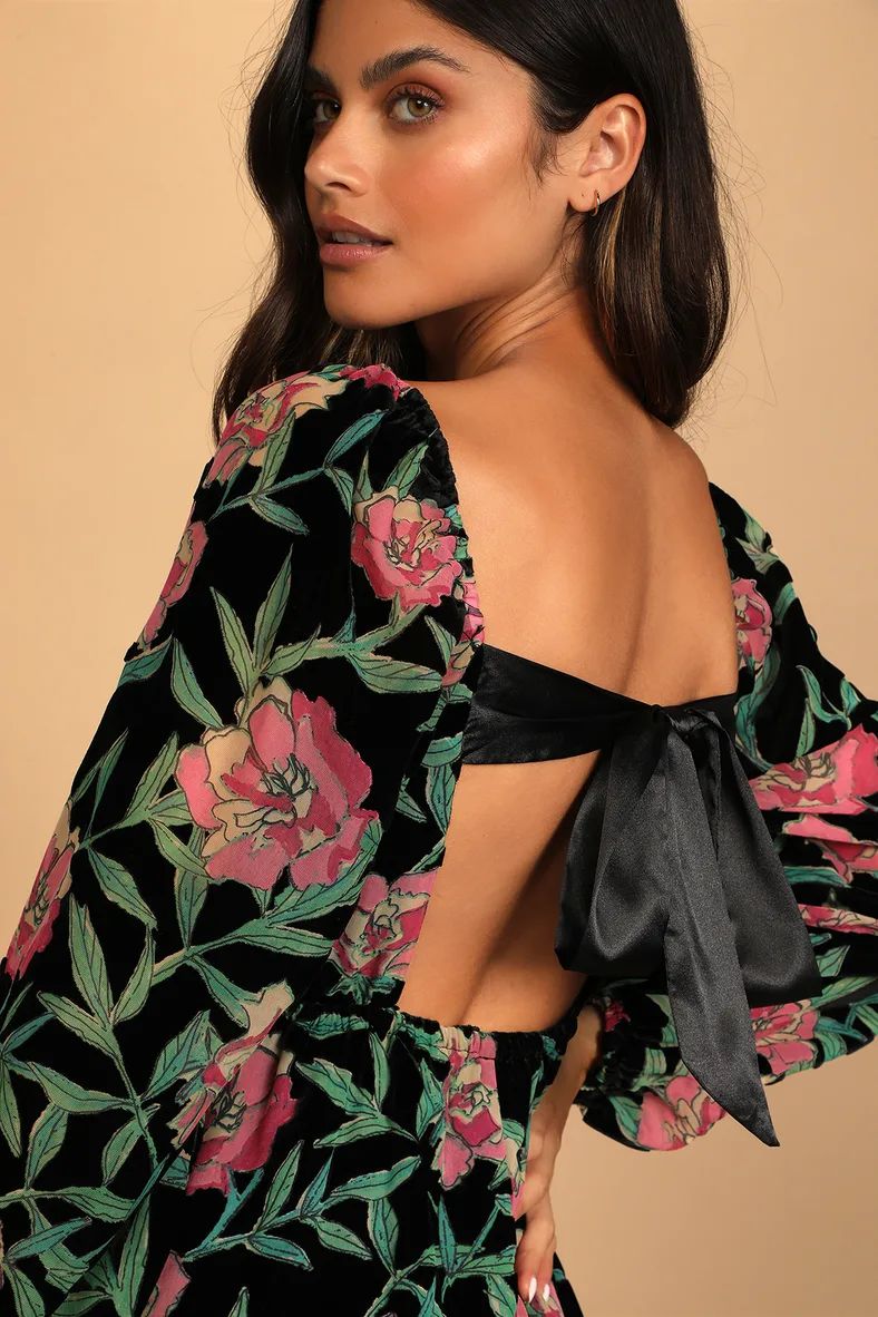 Blissful Garden Black Floral Print Burnout Velvet Babydoll Dress | Lulus (US)