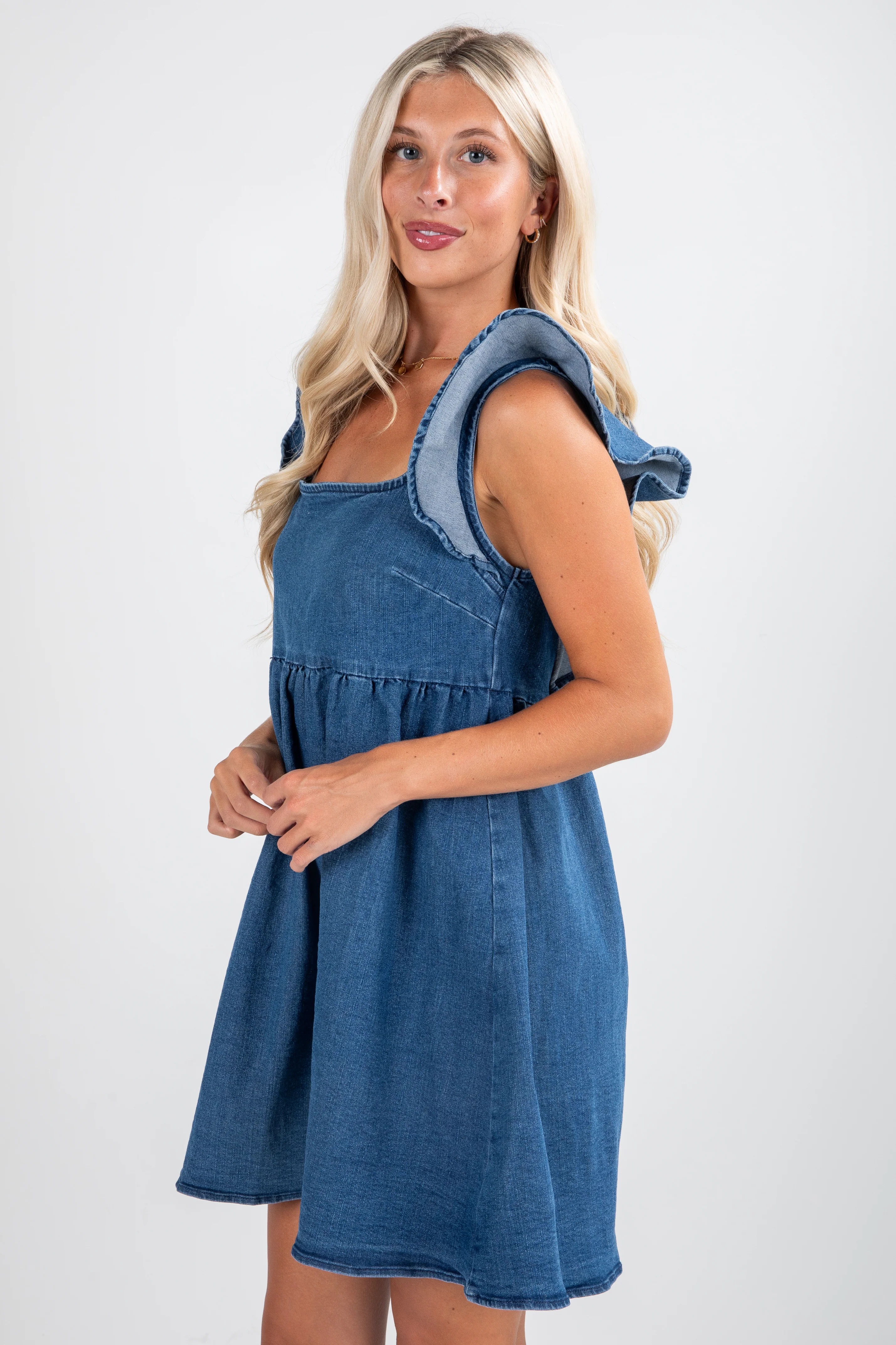 Medium Wash Denim Babydoll Mini Dress | Denim Dresses | DressUp | Dress Up