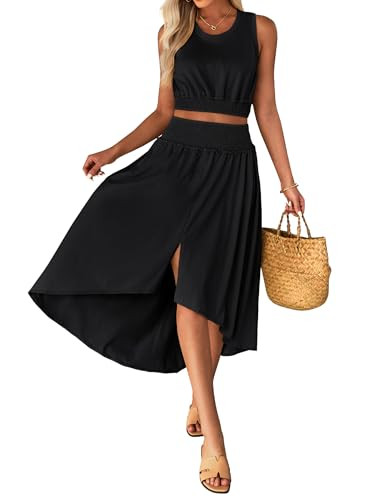 luvamia Two Piece Skirt Sets for Women Smocked Crop Top High Waisted High Low Split Maxi Skirt Co... | Amazon (US)
