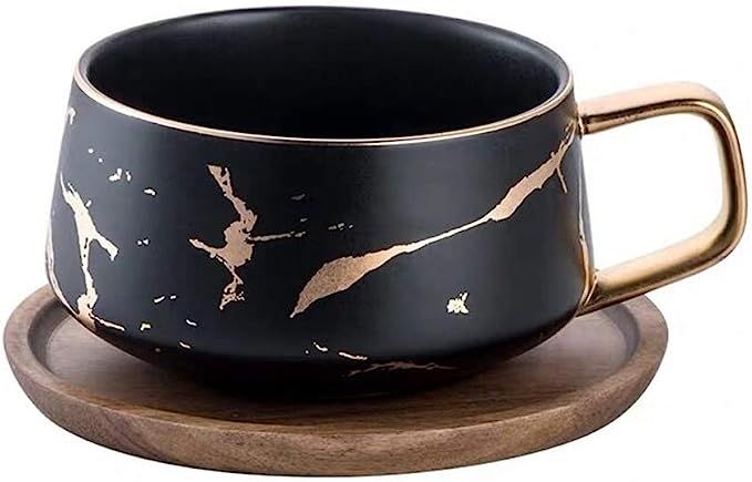 Coffeezone 10.5 Oz Matte Ceramic Marble Tea Coffee/Tea Cups with Wood Saucers Luxury Gold Inlay (... | Amazon (US)
