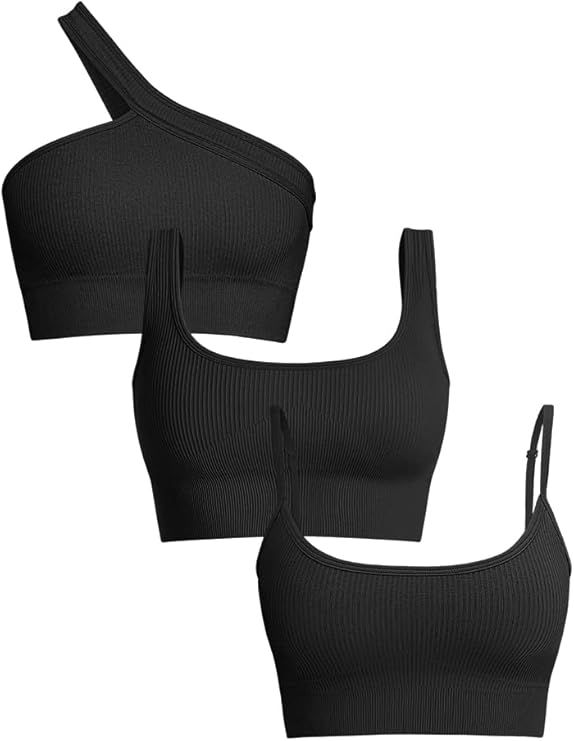 OQQ Women's 3 Piece Medium Support Tank Top Ribbed Exercise Seamless Scoop Neck Sports Bra One Sh... | Amazon (US)