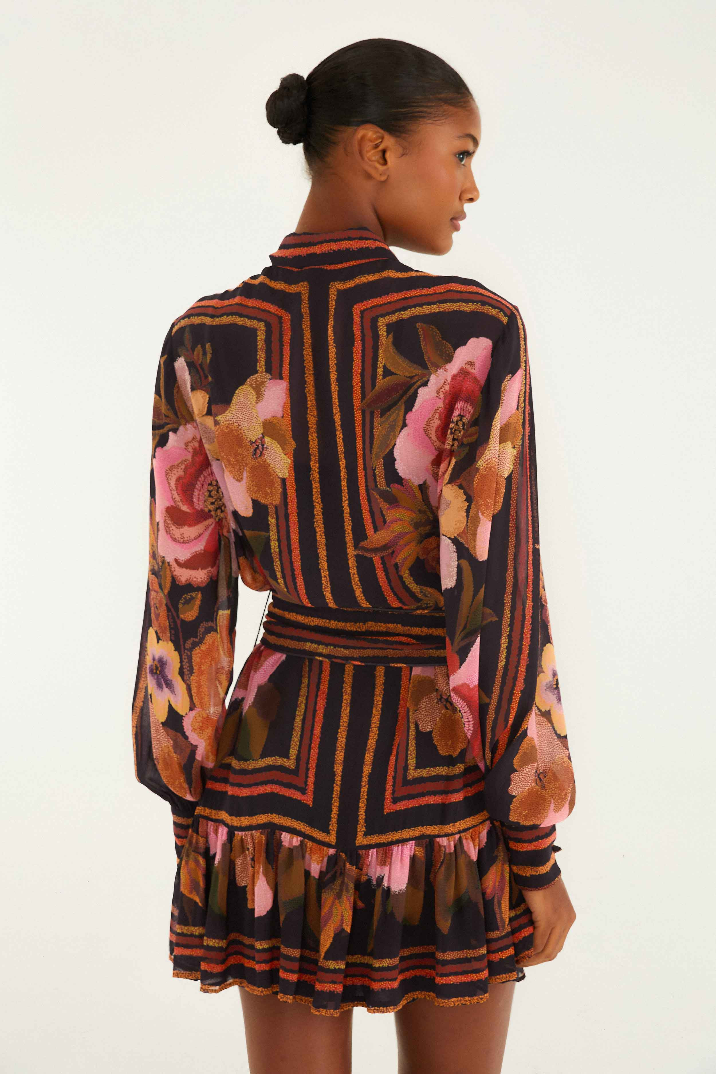 Black Chenille Flowers Belted Long Sleeve Mini Dress | FARM Rio | FarmRio (US)