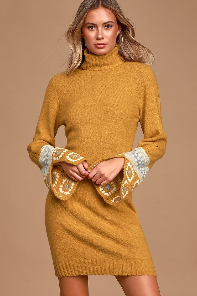 It's Groovy Mustard Yellow Multi Knit Turtleneck Sweater Dress | Lulus (US)