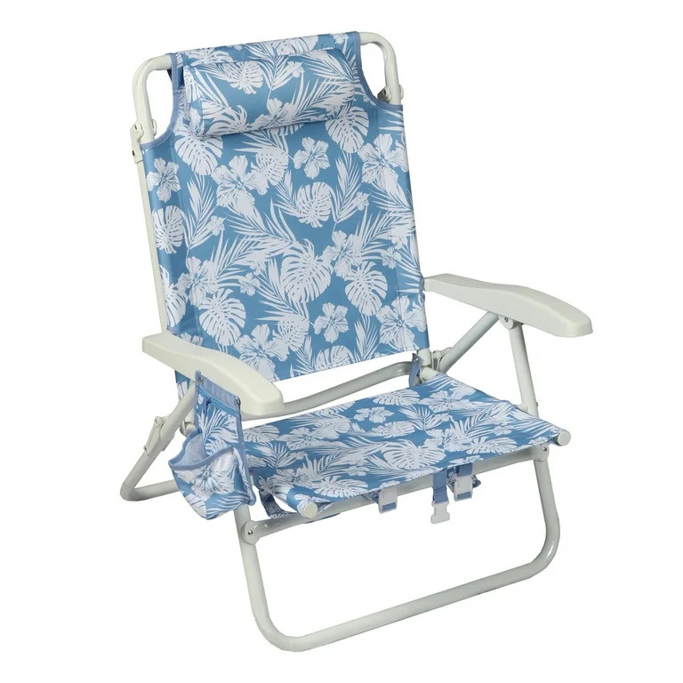 Mainstays Oversized Reclining Beach Chair with Backpack Straps, Blue Palm Print | Walmart (US)