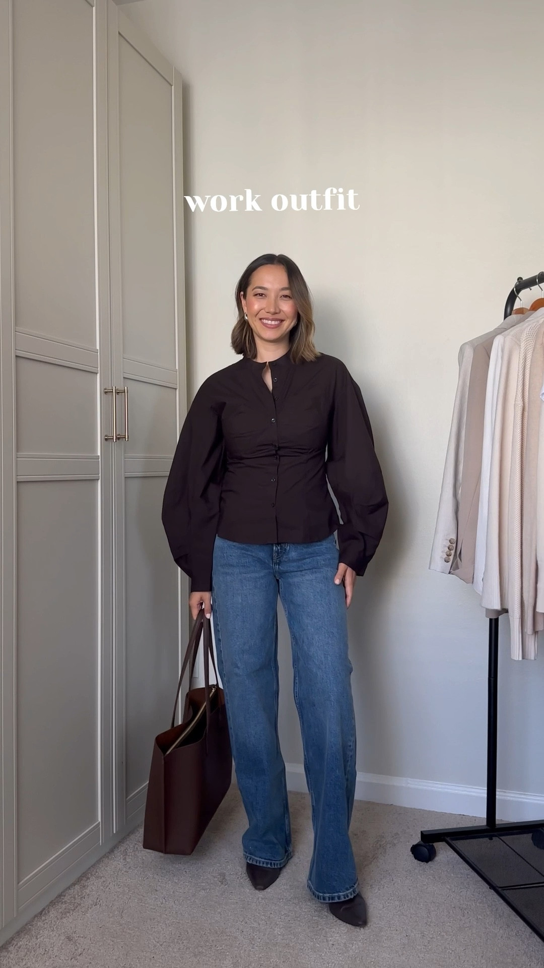 Work outfit 

Br top — old, linked to similar style 
Bootcut jeans — size 25 
Jcrew booties 
Quince leather tote 

#LTKWorkwear #LTKootd