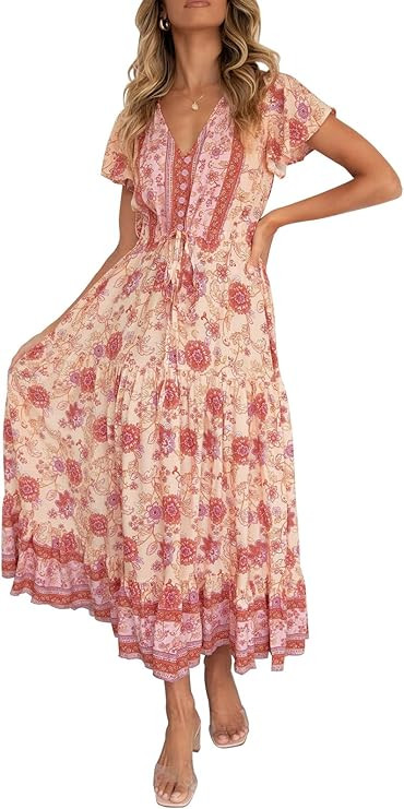 ZESICA Women's Bohemian Floral Print Sexy V Neck Short Sleeve Flowy Beach Party Maxi Dress | Amazon (US)