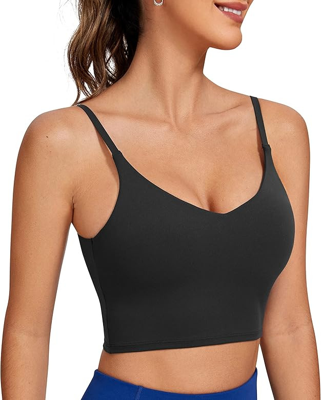 CRZ YOGA Womens Butterluxe Adjustable Spaghetti Strap Longline Sports Bra - V Neck Padded Crop Tank  | Amazon (US)