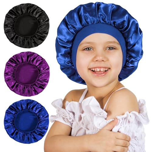 3 Pcs Bonnet for Kids, Kids Bonnets for Girls, Satin Silk Hair Bonnet for Sleeping, Soft Wide Band Sleep Cap for Curly Hair Braids for Teens Child Toddler | Amazon (US)