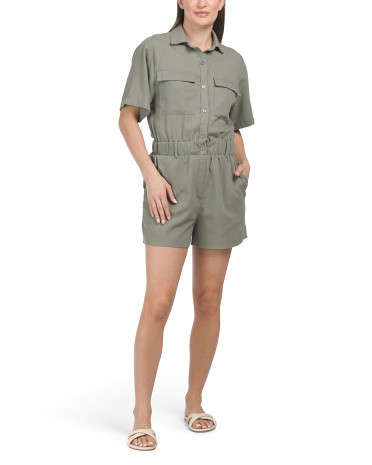 Linen Blend Short Sleeve Utility Romper | TJ Maxx